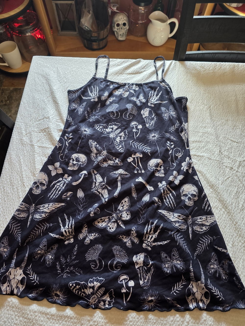 ROMWE Black Slip Dress with White Gothic Skull & Moth Print
